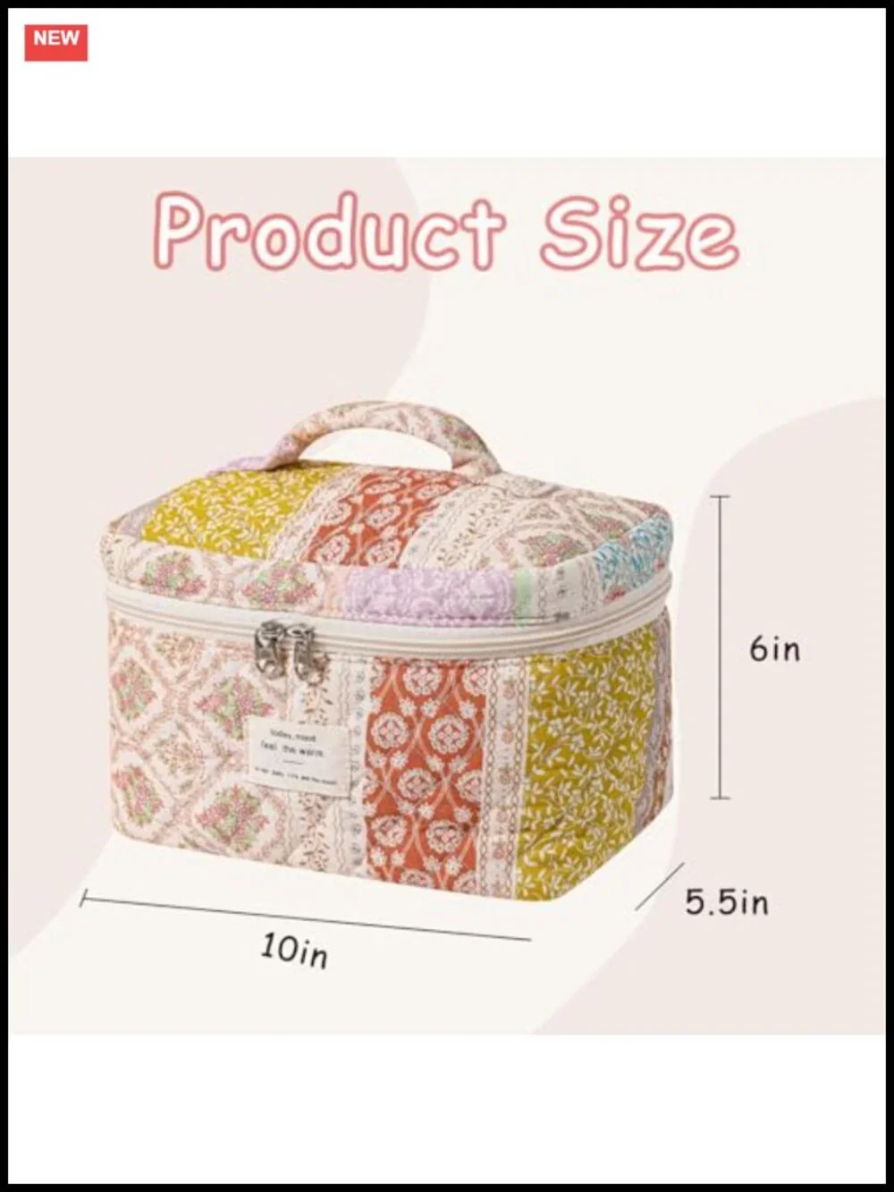 Quilted Floral Cotton Makeup Bag, Top Handle, Travel Toiletry Organizer, Water